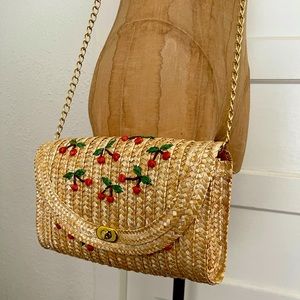 VERY CUTE!!🍒 Woven Cherry Picnic Clutch Shoulder Bag/ Gingham Interior